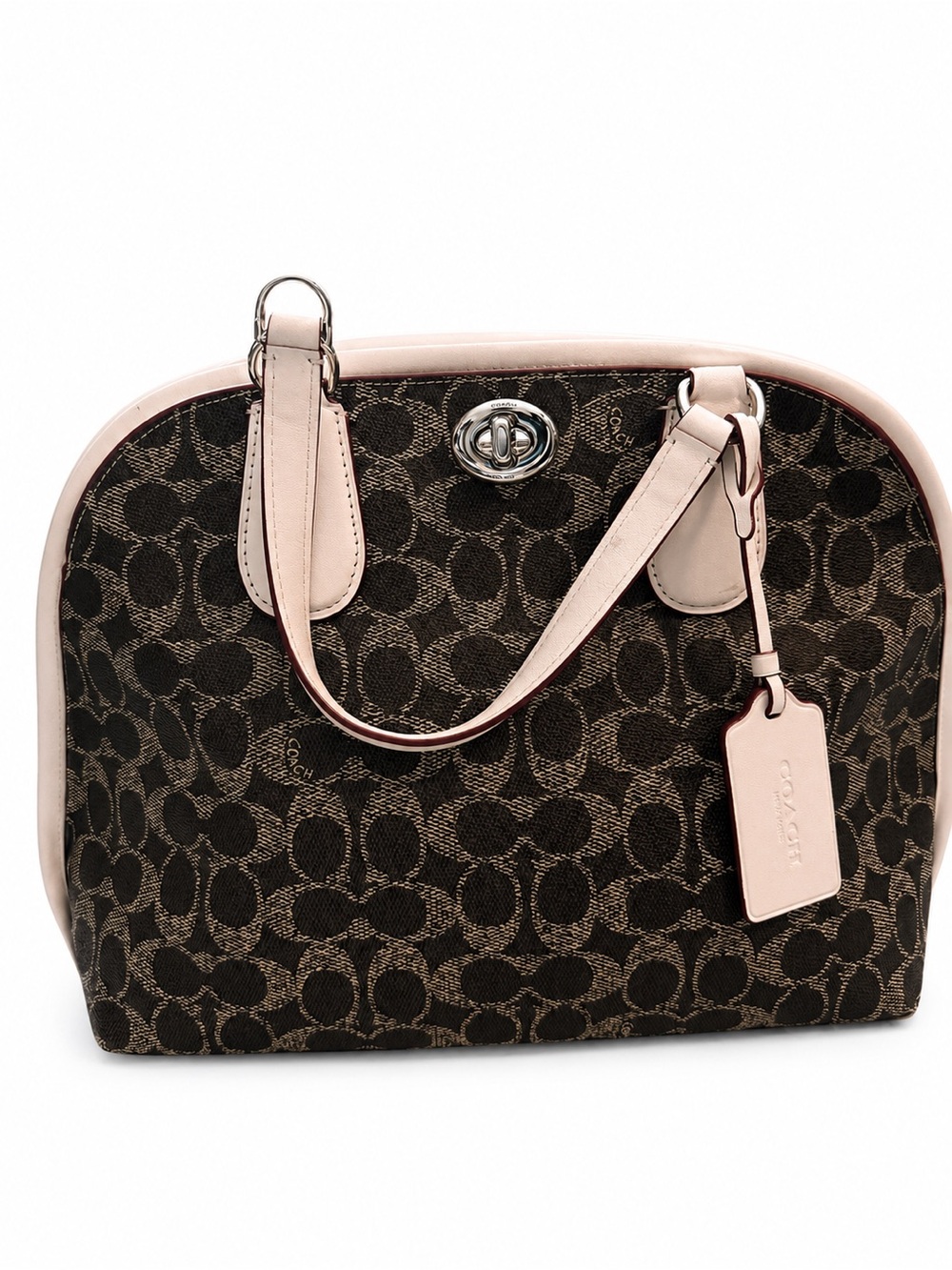 Coach Brown Signature Dome Satchel with Pale Pink Trim